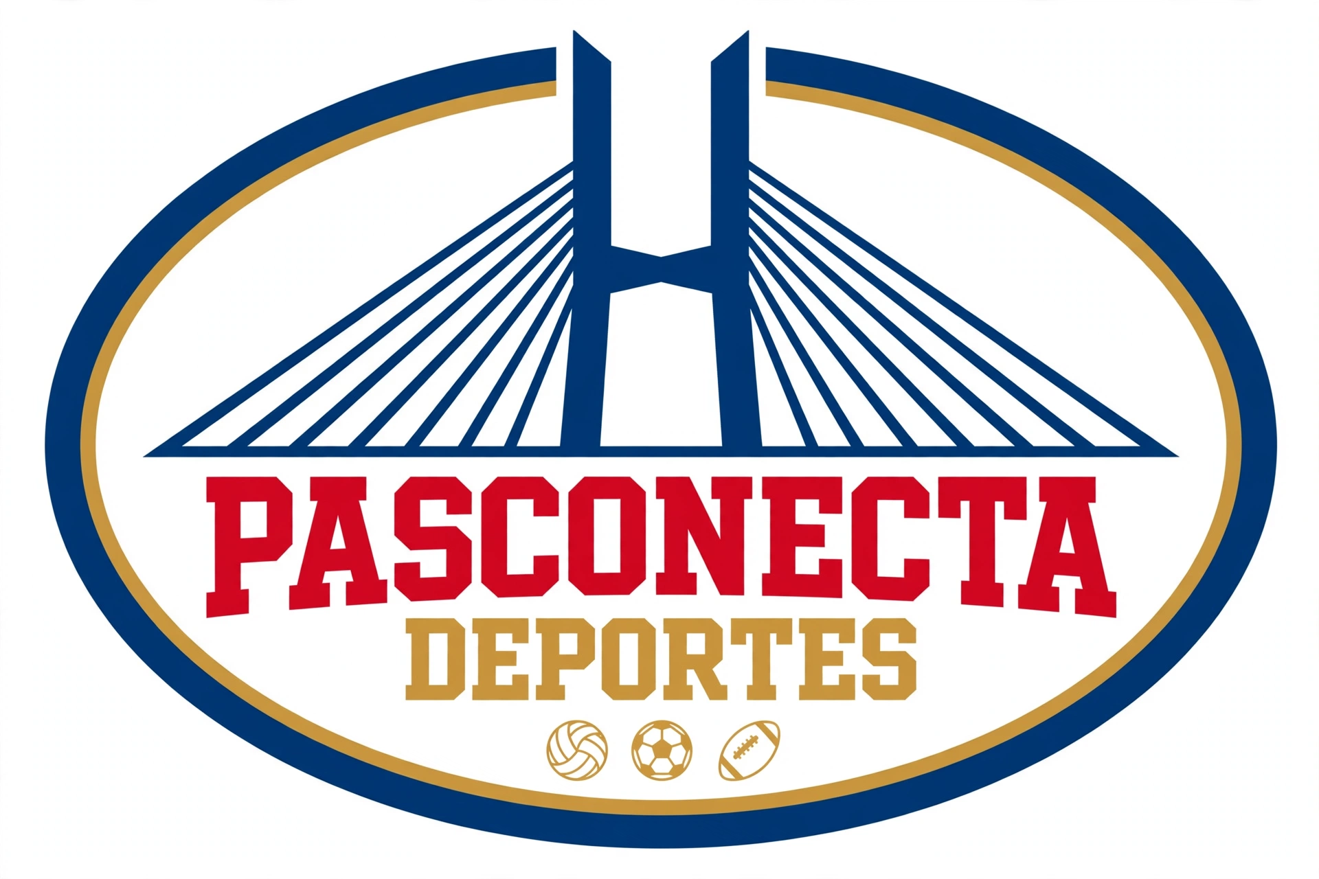Logo de PasConecta Deportes: óvalo rojo con la silueta del puente de cables, el texto «PasConecta Deportes» y tres balones — voleibol, fútbol y fútbol americano