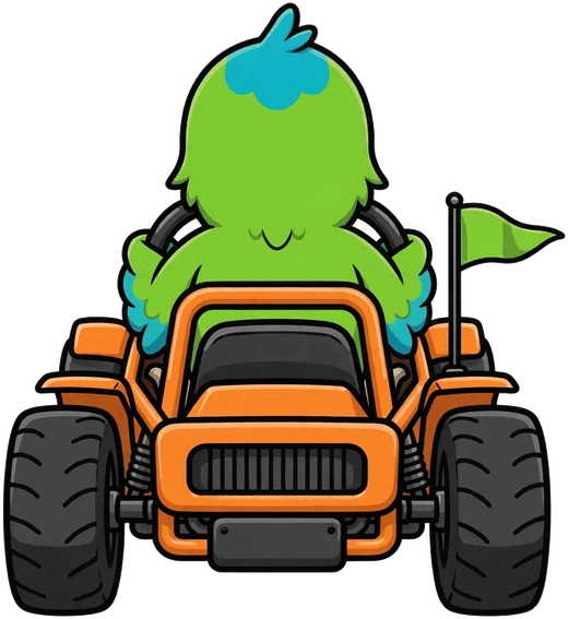 Paco, el loro de Colima, sentado en su go-kart