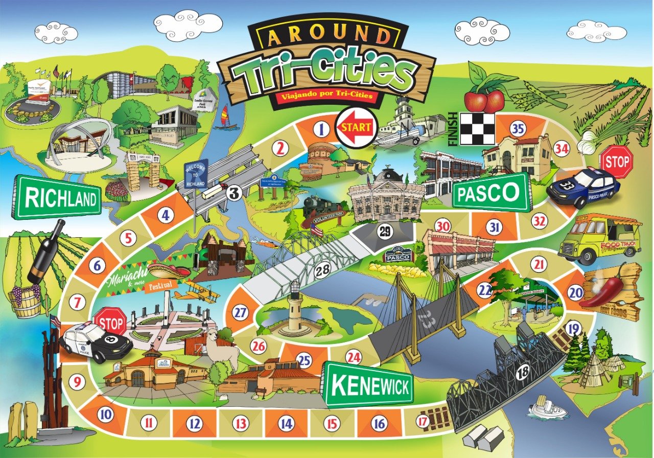 Tablero del juego de mesa Around Tri-Cities — Viajando por Tri-Cities