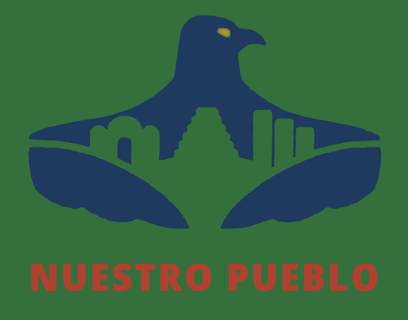 Logo oficial de la radio Nuestro Pueblo: el águila azul marino cuyo cuerpo forma la ciudad, sobre campo verde, con el nombre «Nuestro Pueblo» en rojo