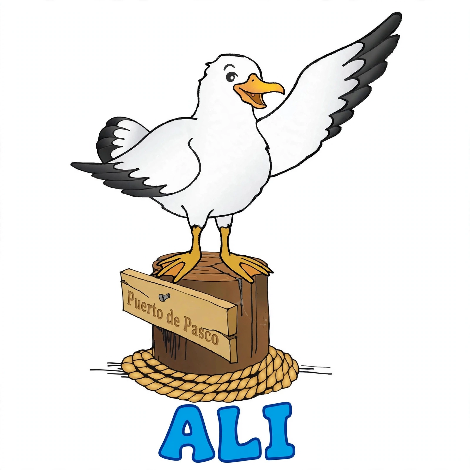 Ali, la gaviota del río Columbia, blanca, parada en su poste de muelle junto al letrero «Puerto de Pasco», en su tarjeta con su nombre