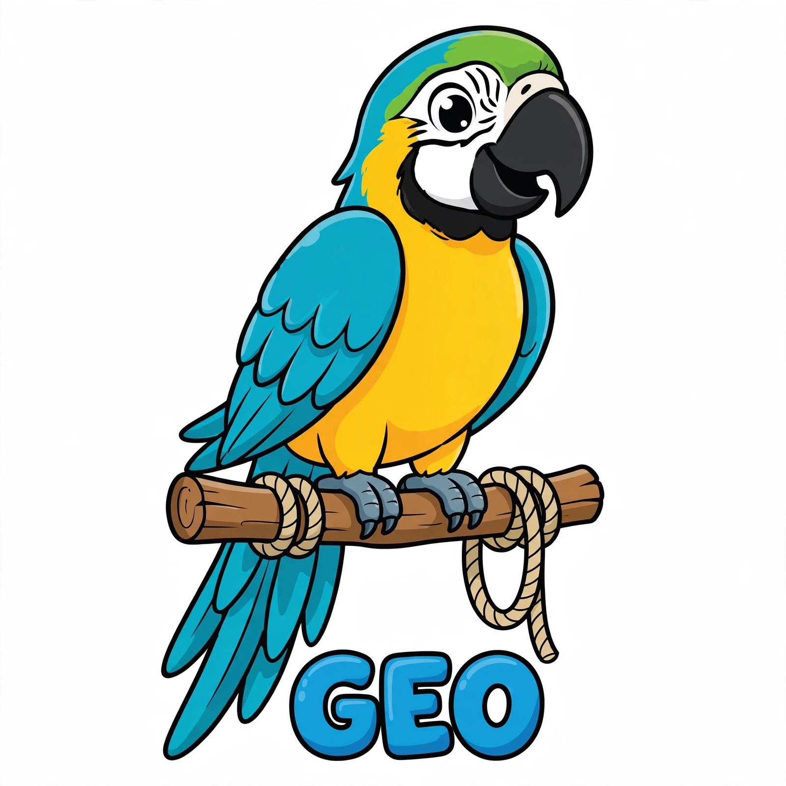 Geo, la guacamaya azul y dorada, en su tarjeta con su nombre