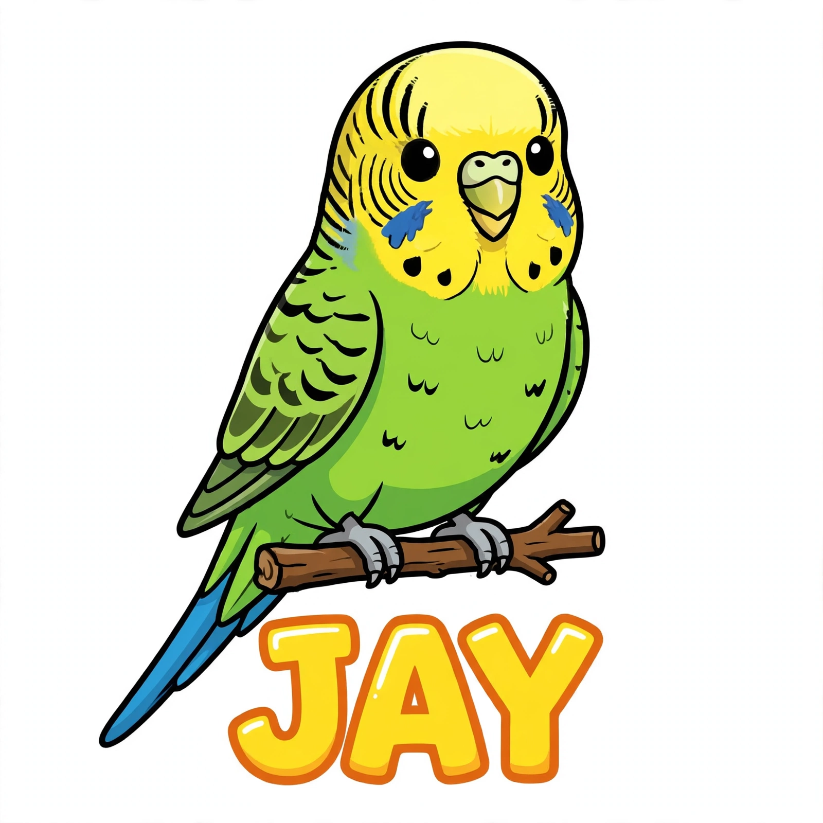 Jay, el periquito australiano verde y amarillo, en su tarjeta con su nombre