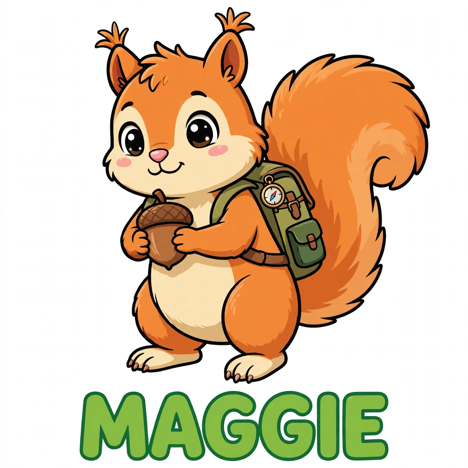 Maggie, la ardillita exploradora con su mochilita, en su tarjeta con su nombre