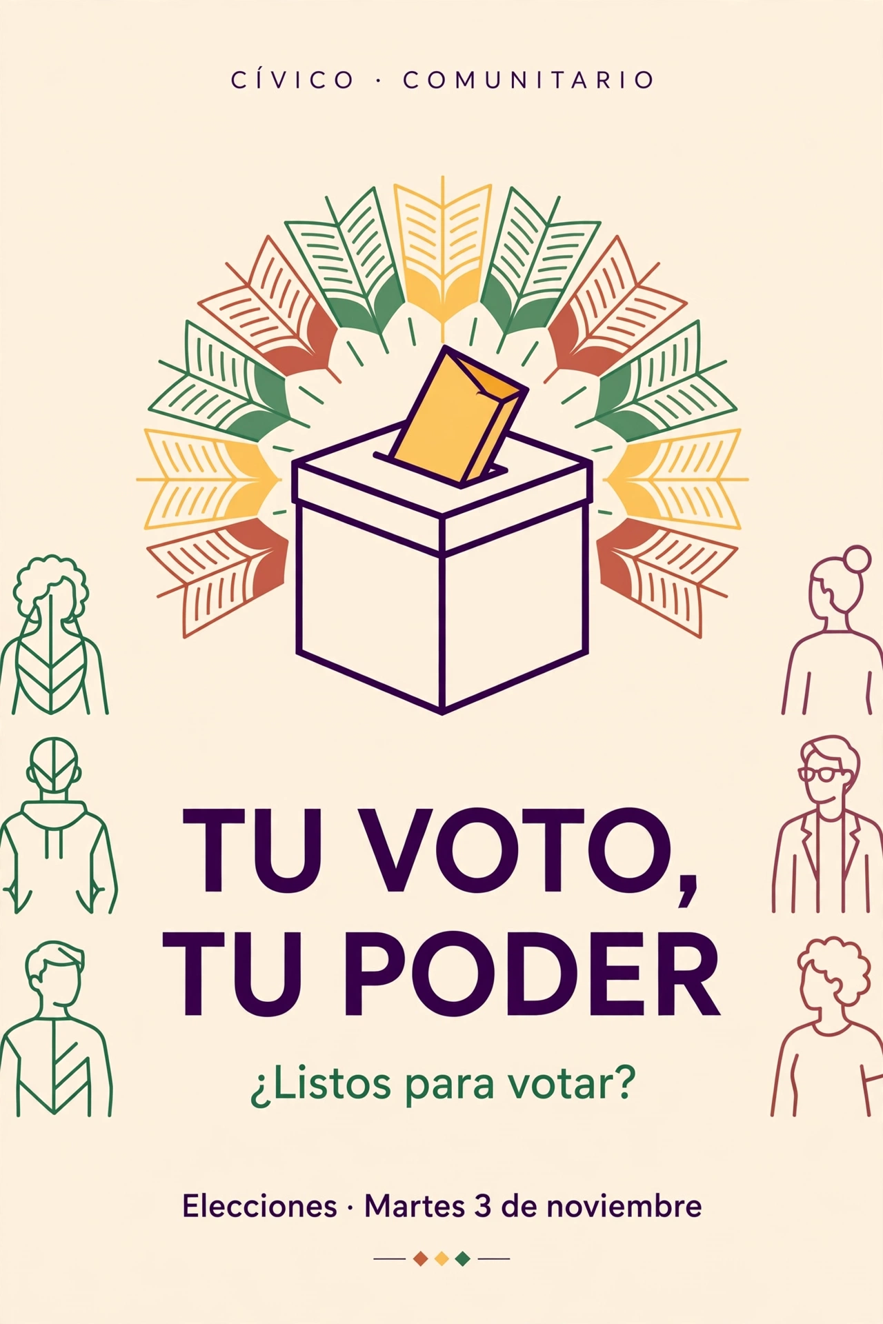 Póster «Tu voto, tu poder — ¿Listos para votar?» con una urna y un sol naciente de páginas